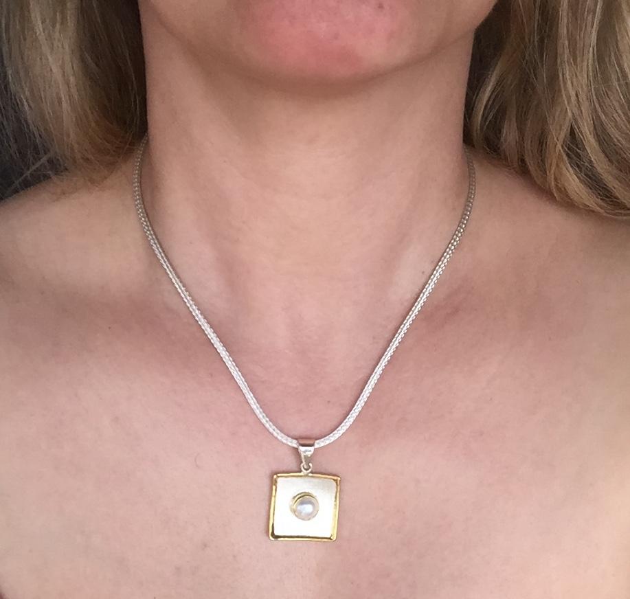 Yianni Creations Pearl Fine Silver 24 Karat Gold Two Tone Square Dangle Pendant For Sale 8