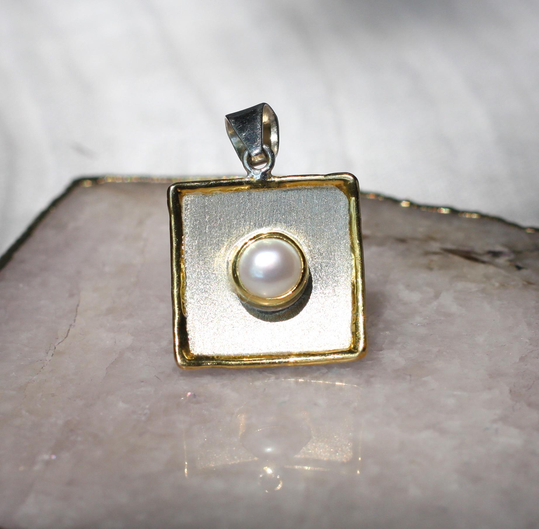 Yianni Creations Pearl Fine Silver 24 Karat Gold Two Tone Square Dangle Pendant For Sale 7