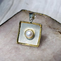 Yianni Creations Pearl Fine Silver 24 Karat Gold Two Tone Square Dangle Pendant