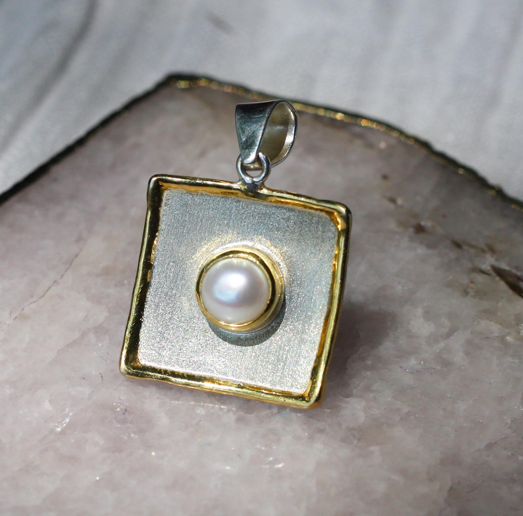 Women's Yianni Creations Pearl Fine Silver 24 Karat Gold Two Tone Square Dangle Pendant For Sale
