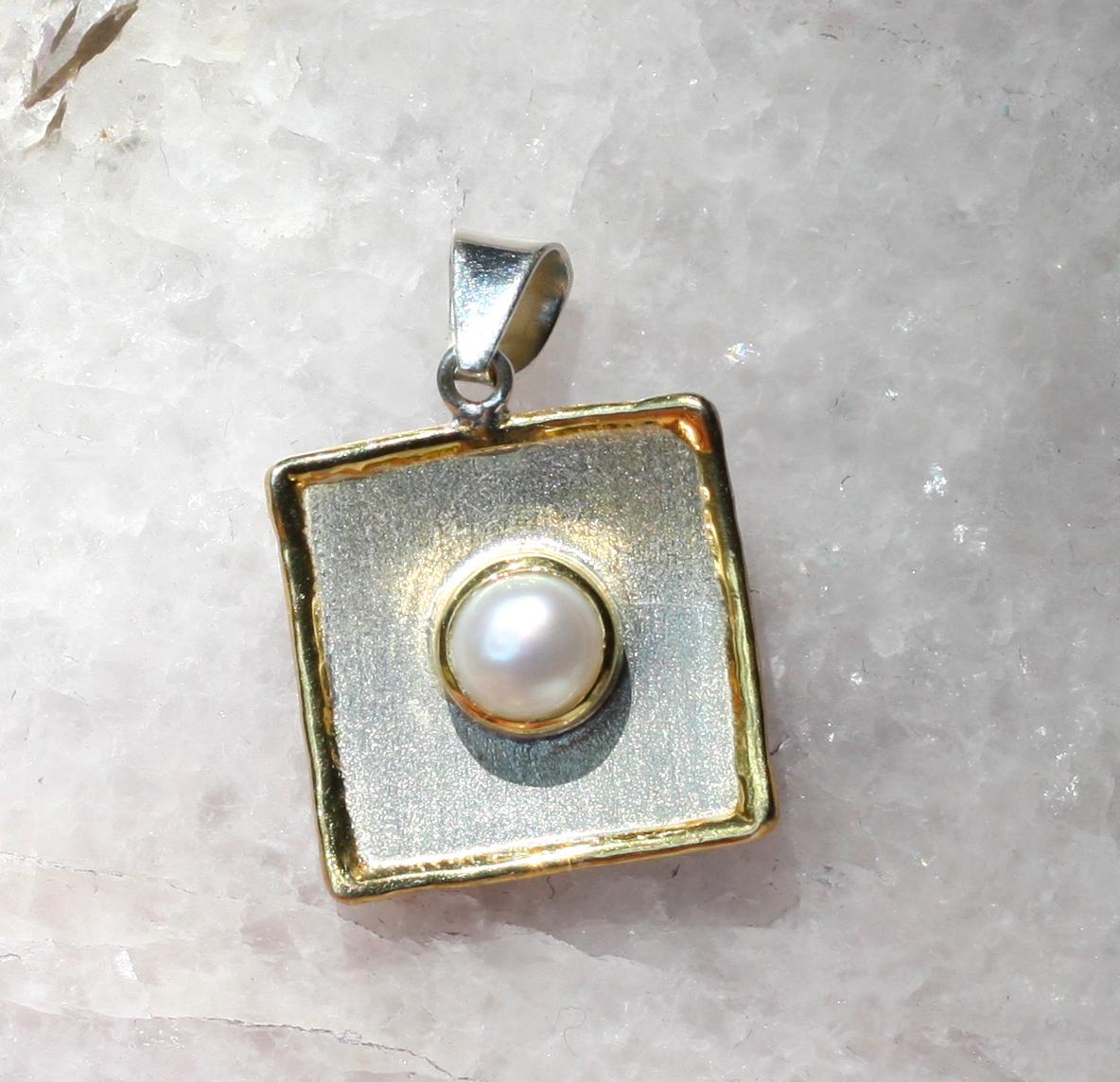 Yianni Creations Pearl Fine Silver 24 Karat Gold Two Tone Square Dangle Pendant For Sale 1
