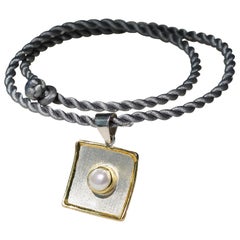 Yianni Creations Pearl Fine Silver 24 Karat Gold Two Tone Square Dangle Pendant