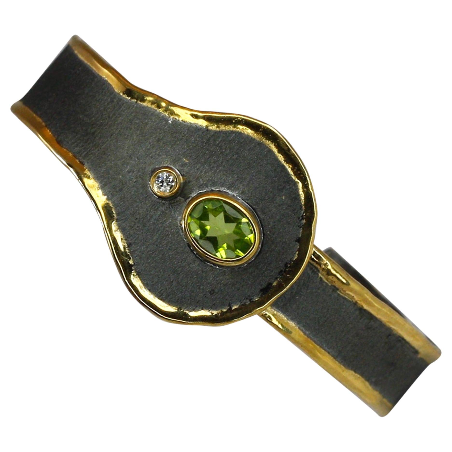Yianni Creations Peridot and Diamond Silver Bracelet with Rhodium and 24 K Gold For Sale