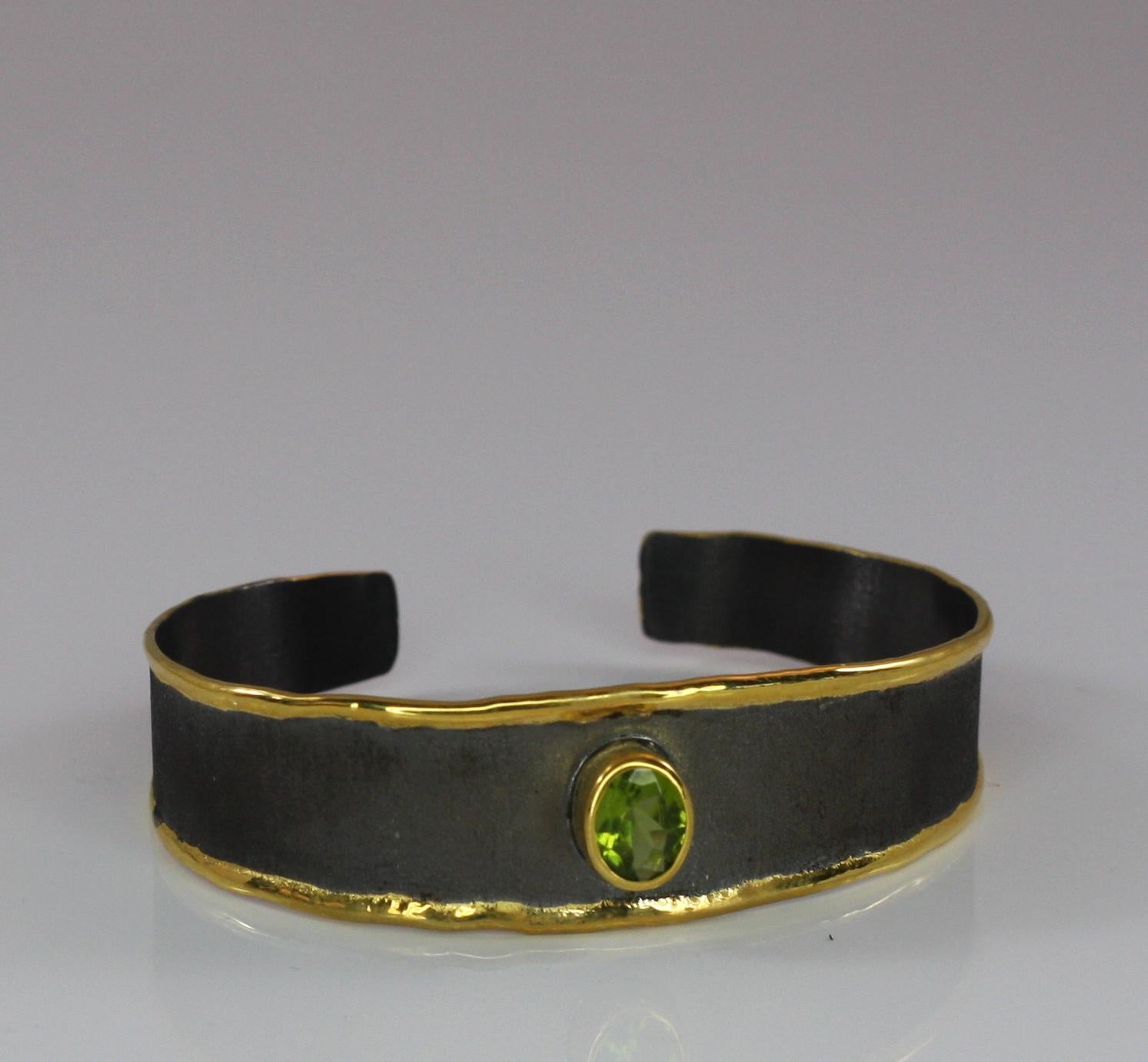 Oval Cut Yianni Creations Peridot Bracelet in Fine Silver Black Rhodium 24 Karat Gold