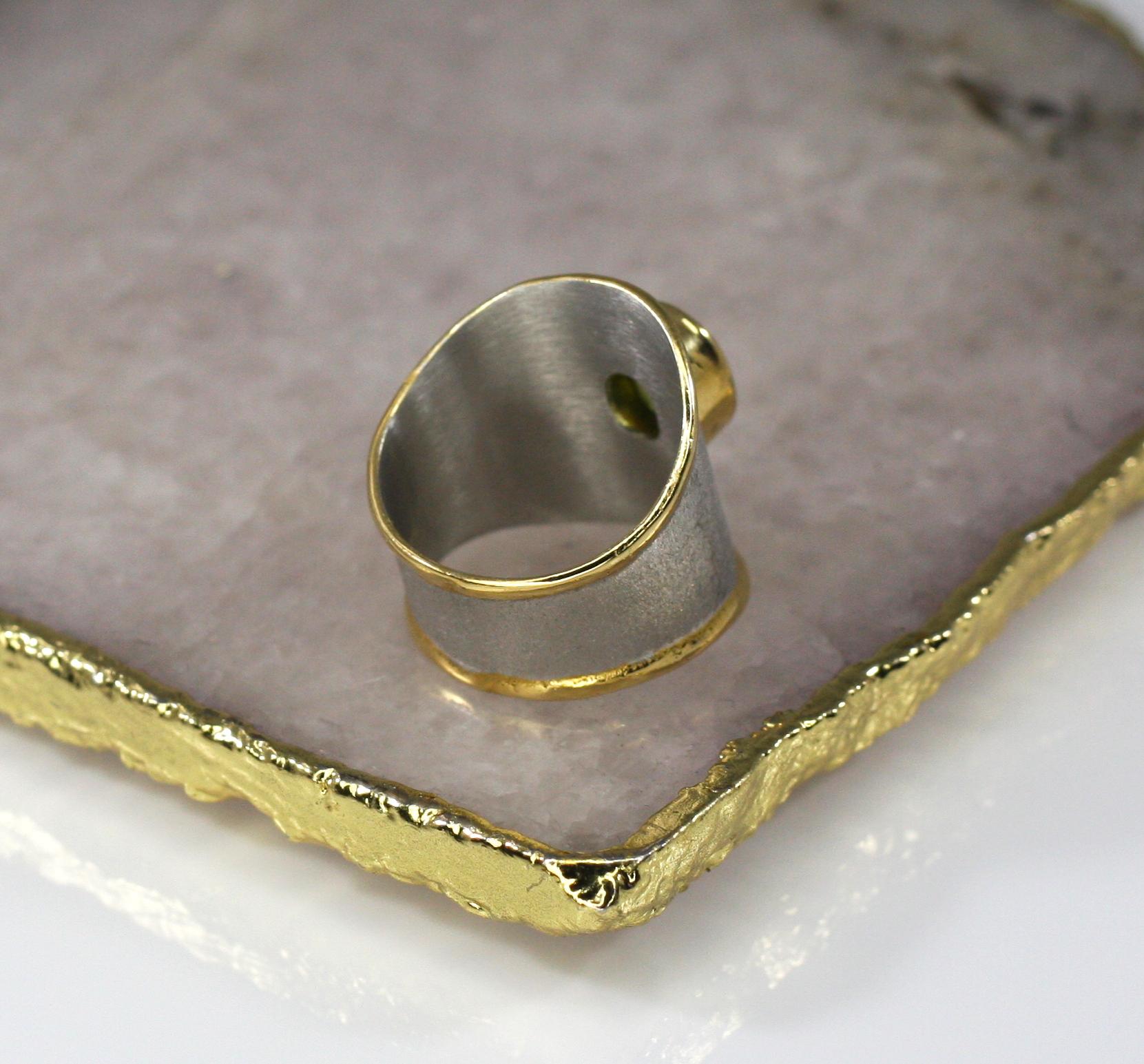 Contemporary Yianni Creations Peridot Fine Silver 24 Karat Gold Palladium Wide Band Ring