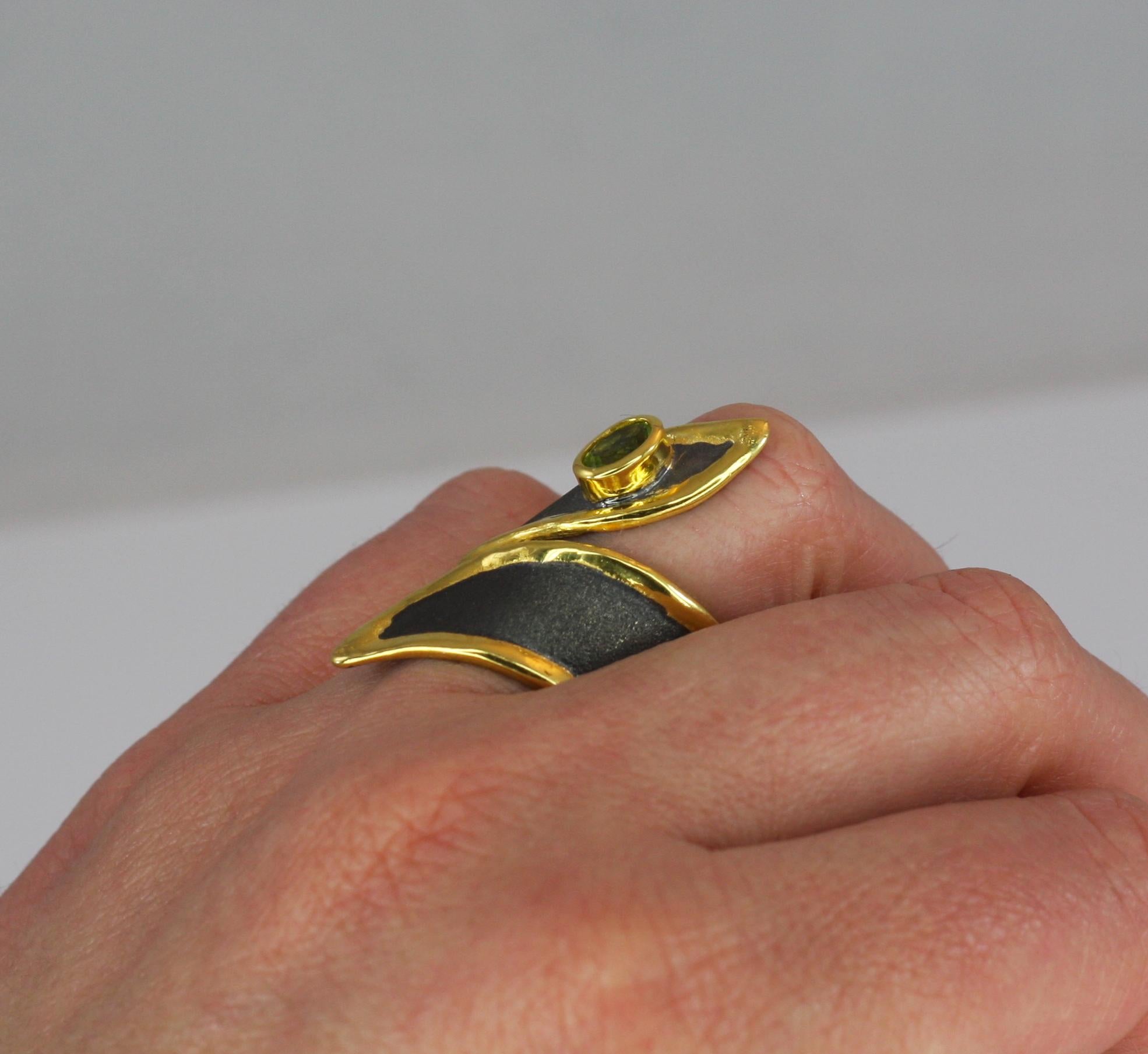 Oval Cut Yianni Creations Peridot Fine Silver 24 Karat Gold Black Rhodium Ring For Sale