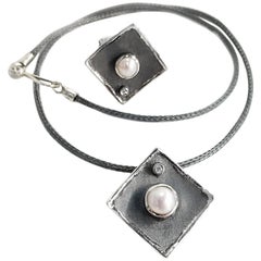 Yianni Creations Set of Pearl Diamond Fine Silver and Rhodium Ring and Necklace