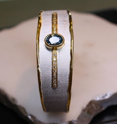 Yianni Creations Silver and Gold Diamond and London Blue Topaz Cuff Bracelet