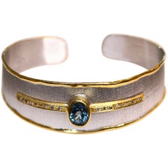Yianni Creations Silver and Gold Diamond and London Blue Topaz Cuff Bracelet