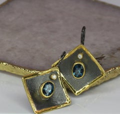 Yianni Creations Topaz Diamond Fine Silver Black Rhodium 24 Karat Gold Earring