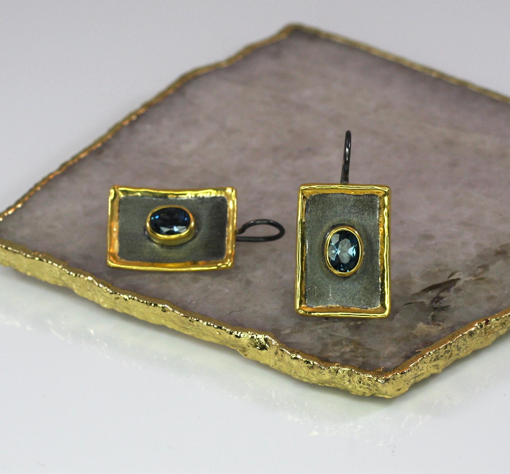 Oval Cut Yianni Creations Blue Topaz Fine Silver Black Rhodium and 24 Karat Gold Earring