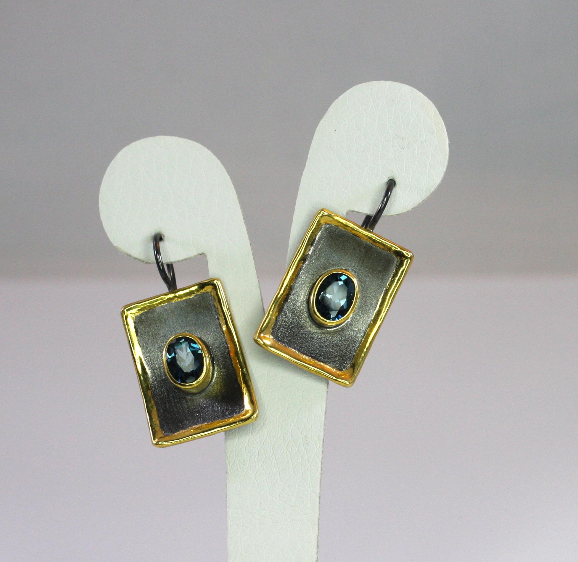 Women's Yianni Creations Blue Topaz Fine Silver Black Rhodium and 24 Karat Gold Earring