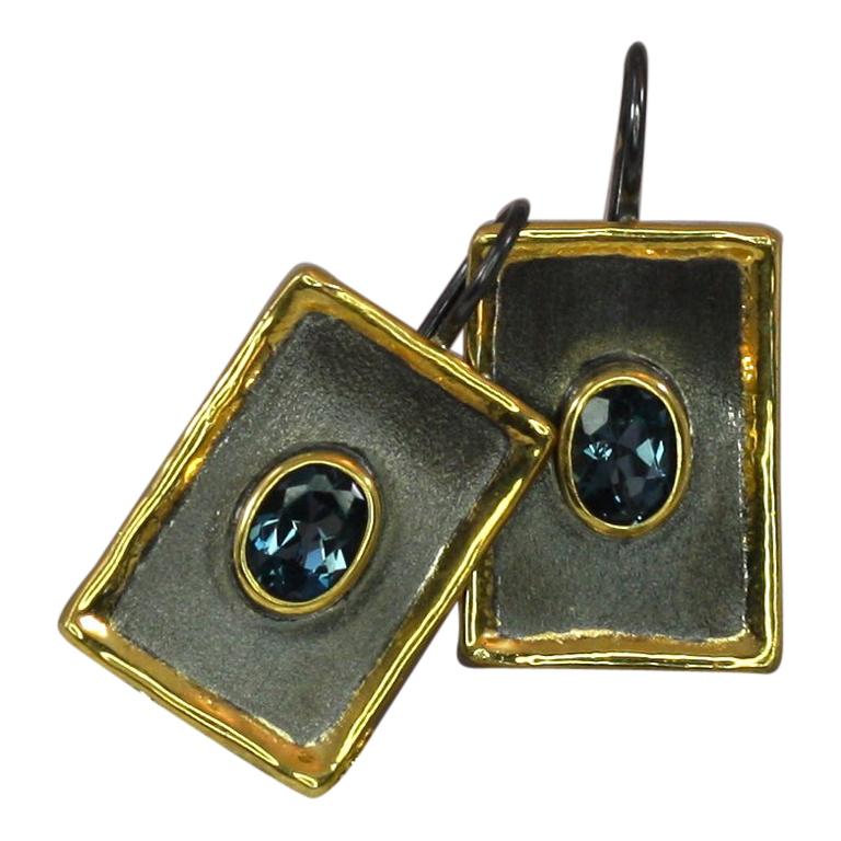 Yianni Creations Blue Topaz Fine Silver Black Rhodium and 24 Karat Gold Earring