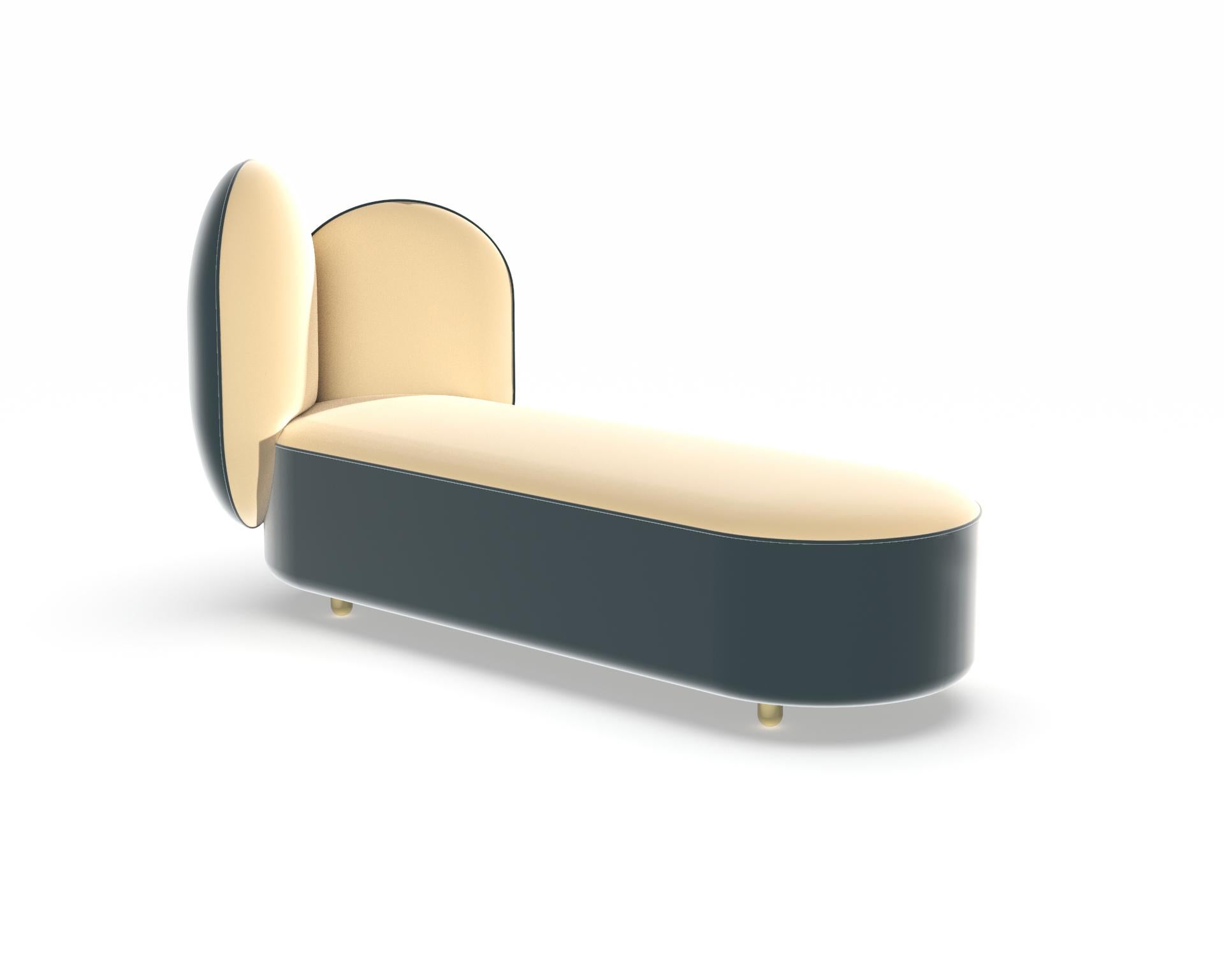 Yiban Yiban daybed designed by Thomas Dariel
Dimensions: D 60 x W 150 x H 90 cm 
Materials: Structure in solid timber and plywood, memory foam base, and seating fully upholstered in fabric, feet in plated metal glossy.
Available in different fabrics