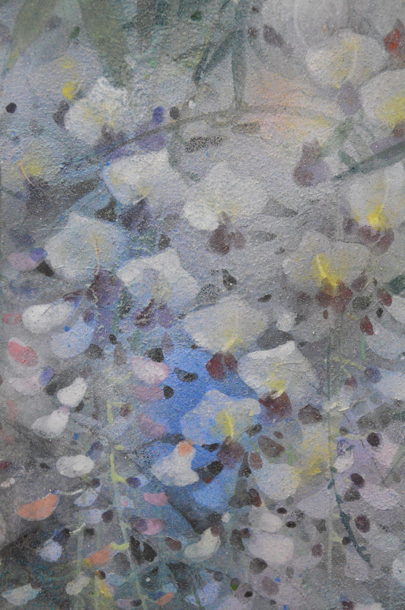 Bellflowers is a unique painting by contemporary artist Chen Yiching. The painting is made with mineral pigments, Japanese paper mounted on wood, dimensions are 61 × 50 cm (24 × 19.7 in). Dimensions of the framed (white frame) artwork are 66 x 55 cm