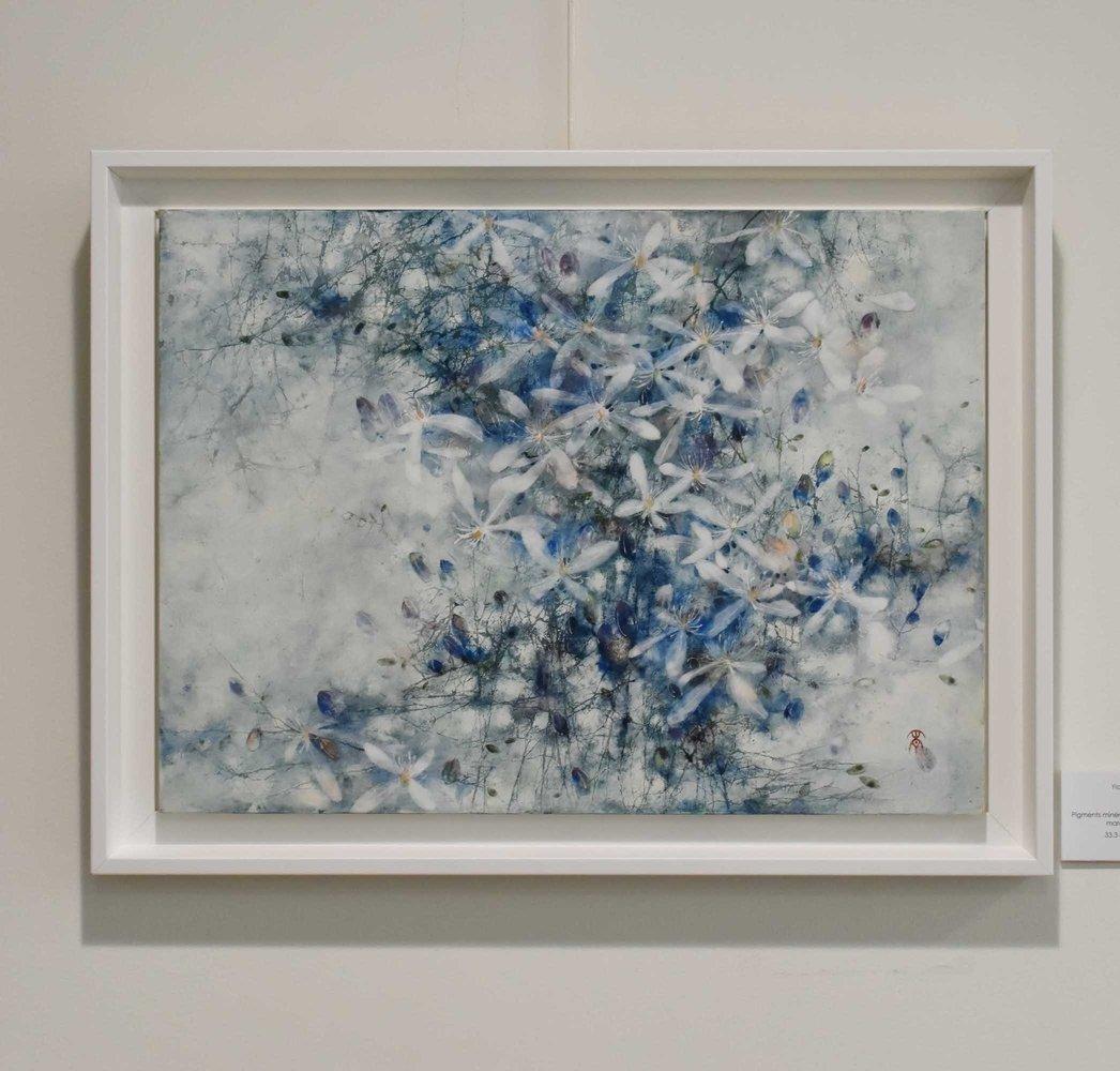 Bond, painting by contemporary Taiwanese artist Yiching Chen. 
Mineral pigments on Japanese paper mounted on wood, 2021. 33.3 cm × 45.5 cm.
This artwork is sold framed with a white frame. Dimensions of the framed artwork: 40 x 53 cm.
As a specialist