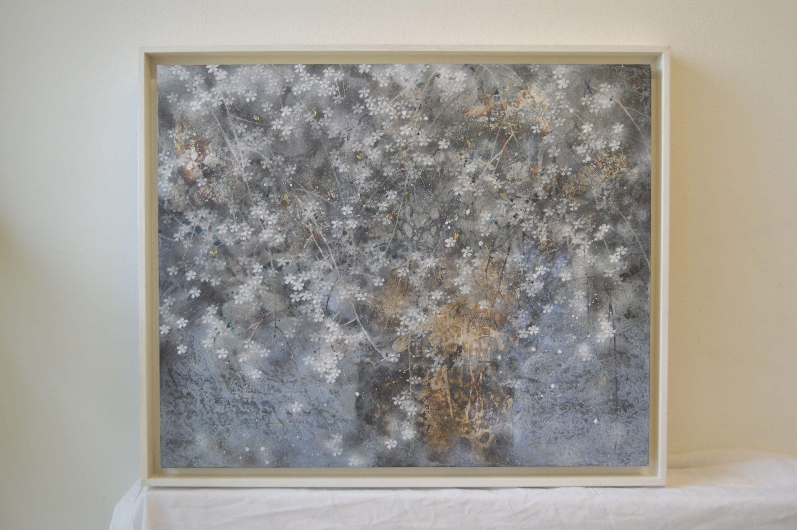 Cherry tree rain is a unique painting by contemporary artist Chen Yiching. The painting is made with mineral pigments, silver leaves on Japanese paper mounted on wood, dimensions are 50 × 61 cm (19.7 × 24 in). Dimensions of the framed (white frame)