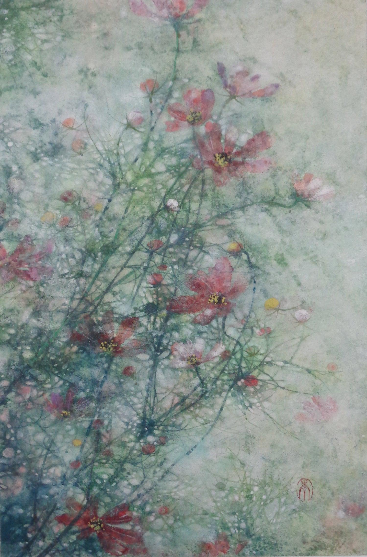 Yiching Chen Figurative Painting - Cosmos by CHEN Yiching - Contemporary Nihonga painting, flowers