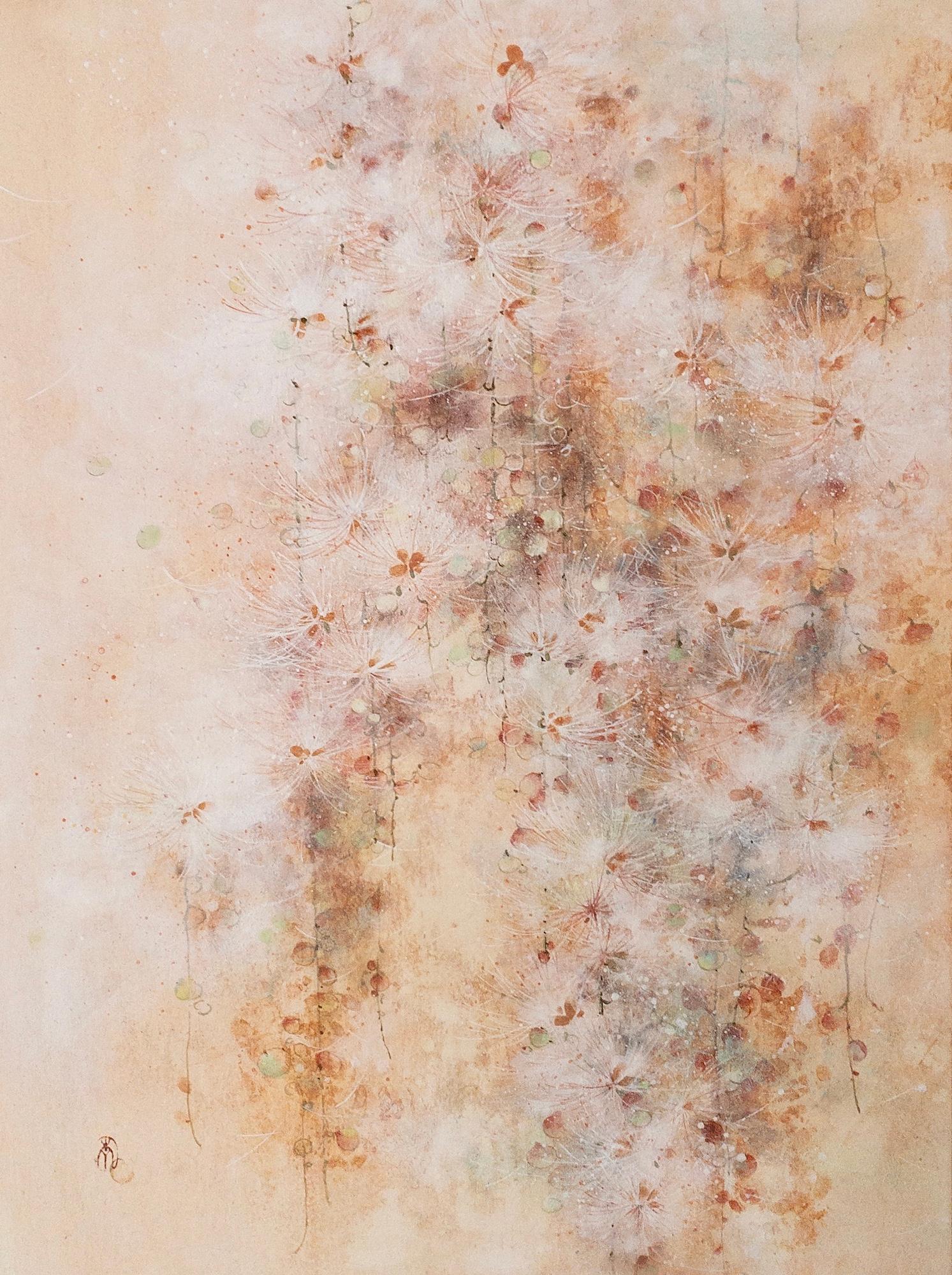 Flourishing is a unique painting by contemporary artist Yiching Chen. The painting is made with mineral pigments on Japanese paper mounted on wood, dimensions are 60.6 cm × 45.5 cm (3.9 × 17.9 in). 
The artwork is signed, sold framed and comes with
