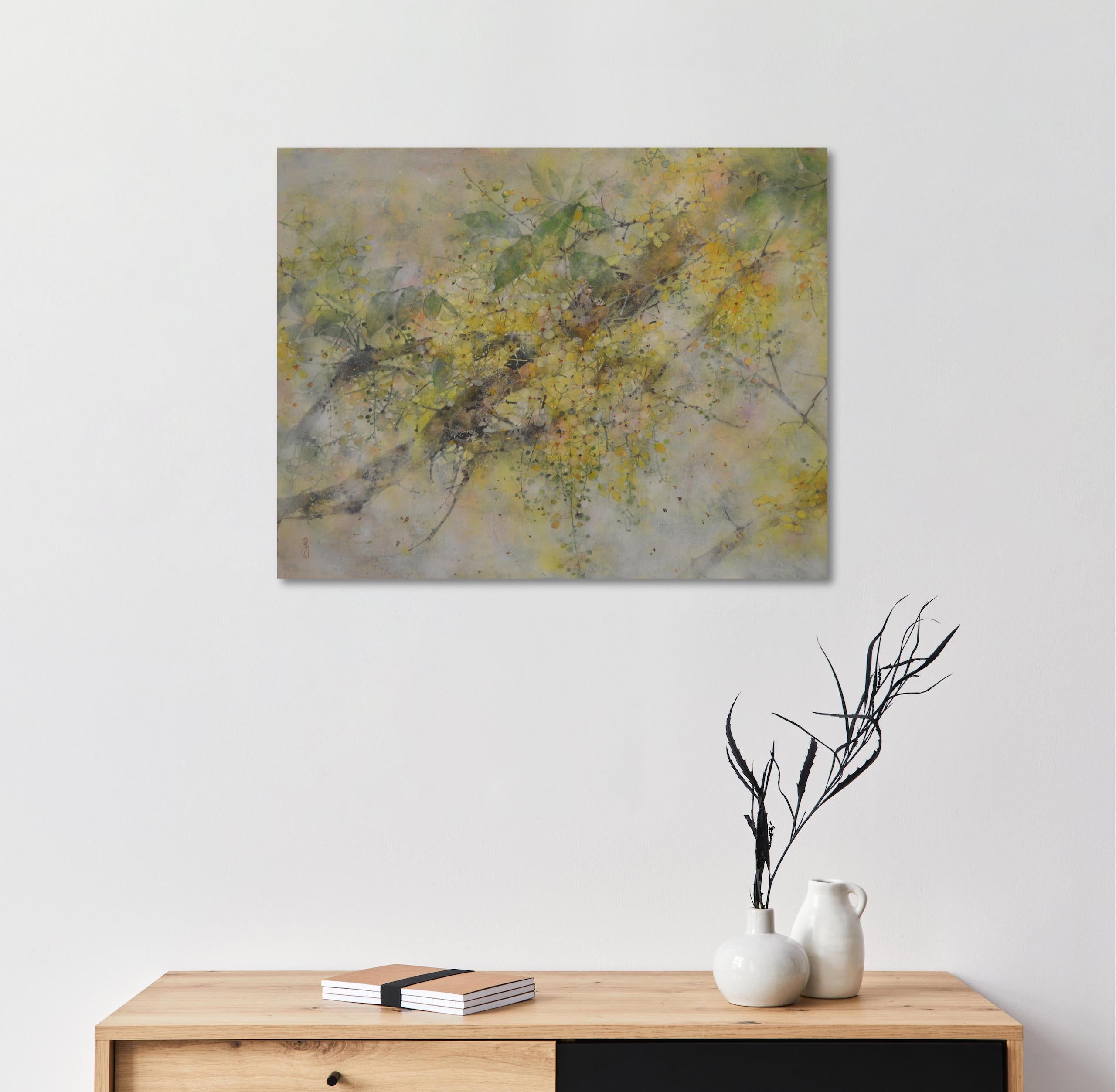 Goldregen von Chen Yiching - Contemporary nihonga painting, Flora, Gelbtöne (Zeitgenössisch), Painting, von Yiching Chen