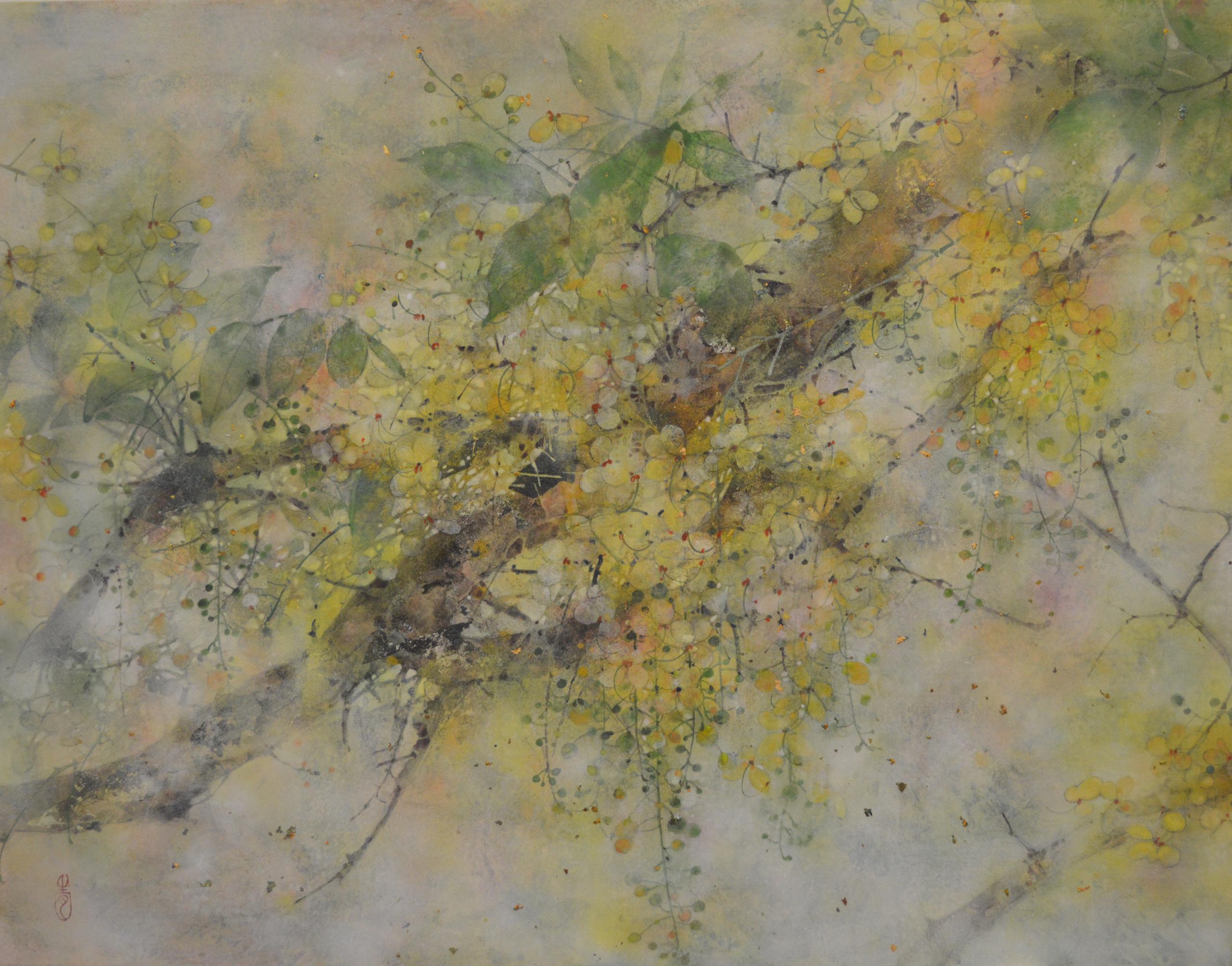 Pioggia d'oro di Yiching Chen - Pittura nihonga contemporanea, flora, tonalità gialle