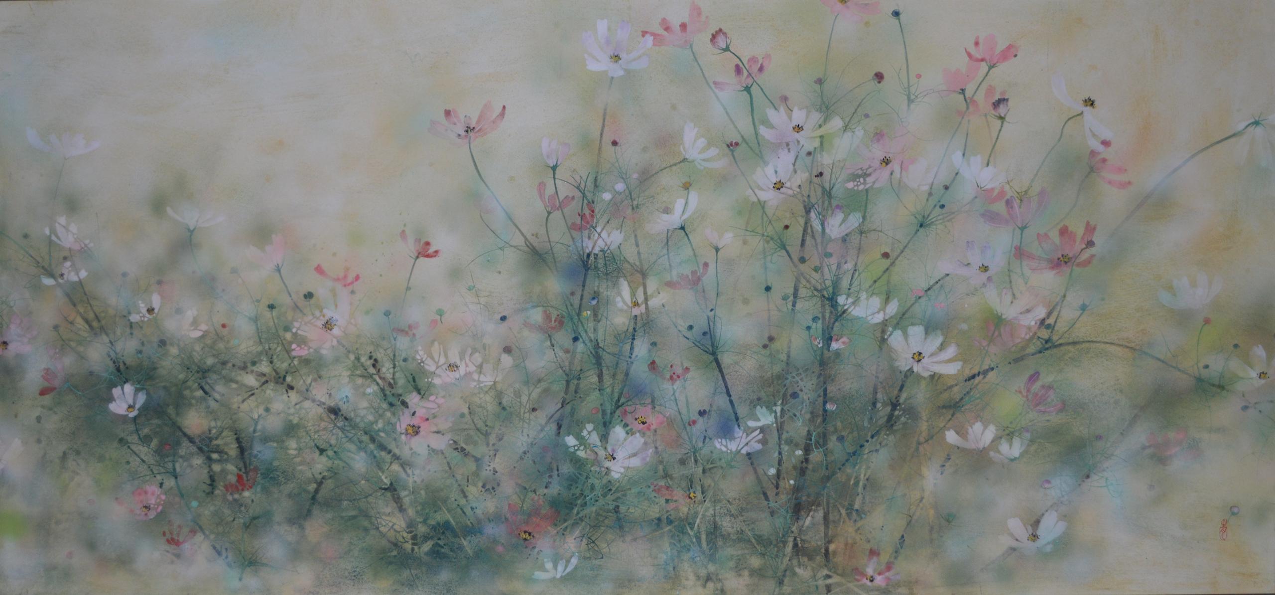 Glück von Chen Yiching - Zeitgenössische Nihonga-Malerei, floral, helle Töne im Angebot 1