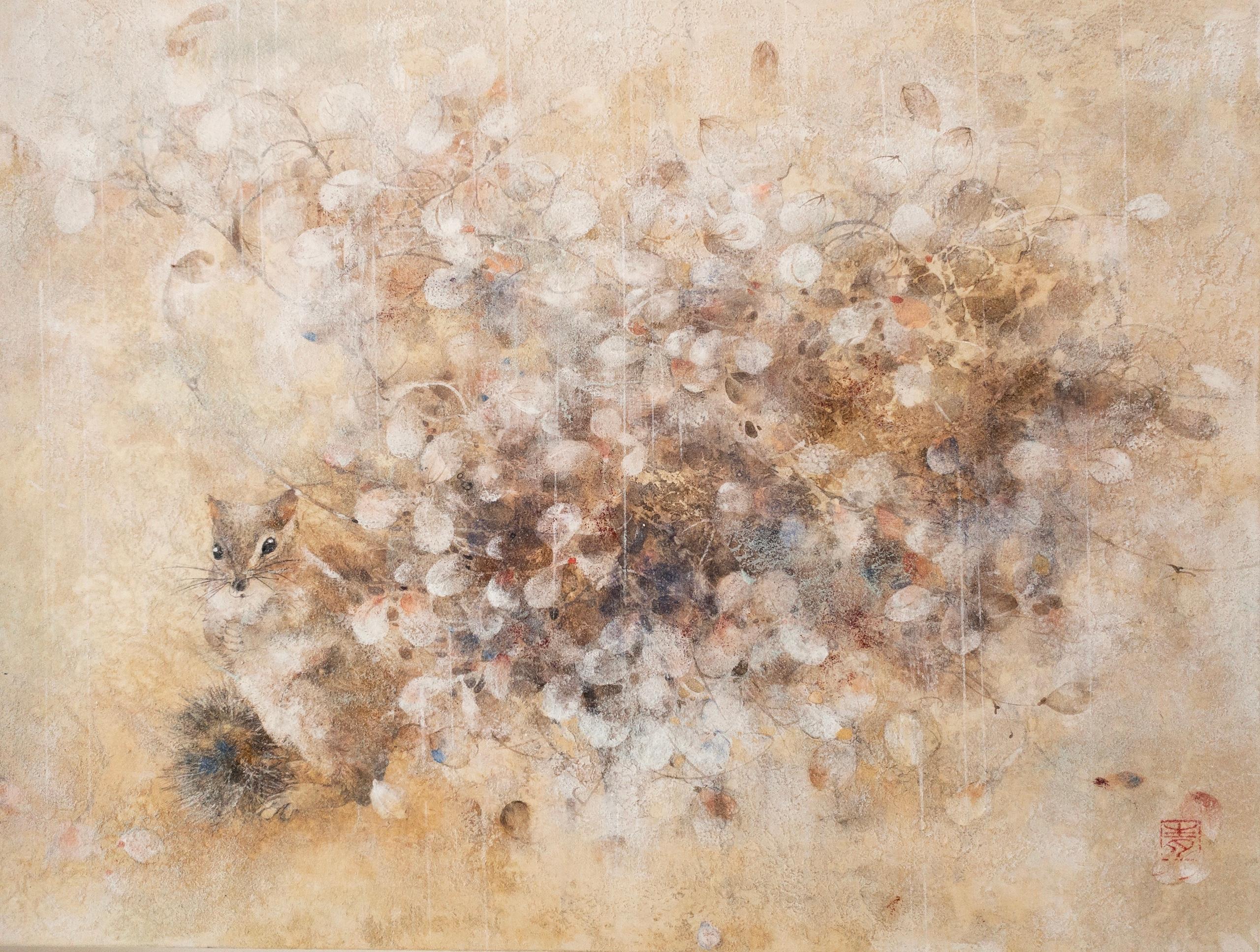 Hide and seek is a unique painting by contemporary artist Yiching Chen. The painting is made with mineral pigments on Japanese paper mounted on wood, dimensions are 30 x 40 cm (11.8 × 15.7 in). 
The artwork is signed, sold in a white frame (shadow