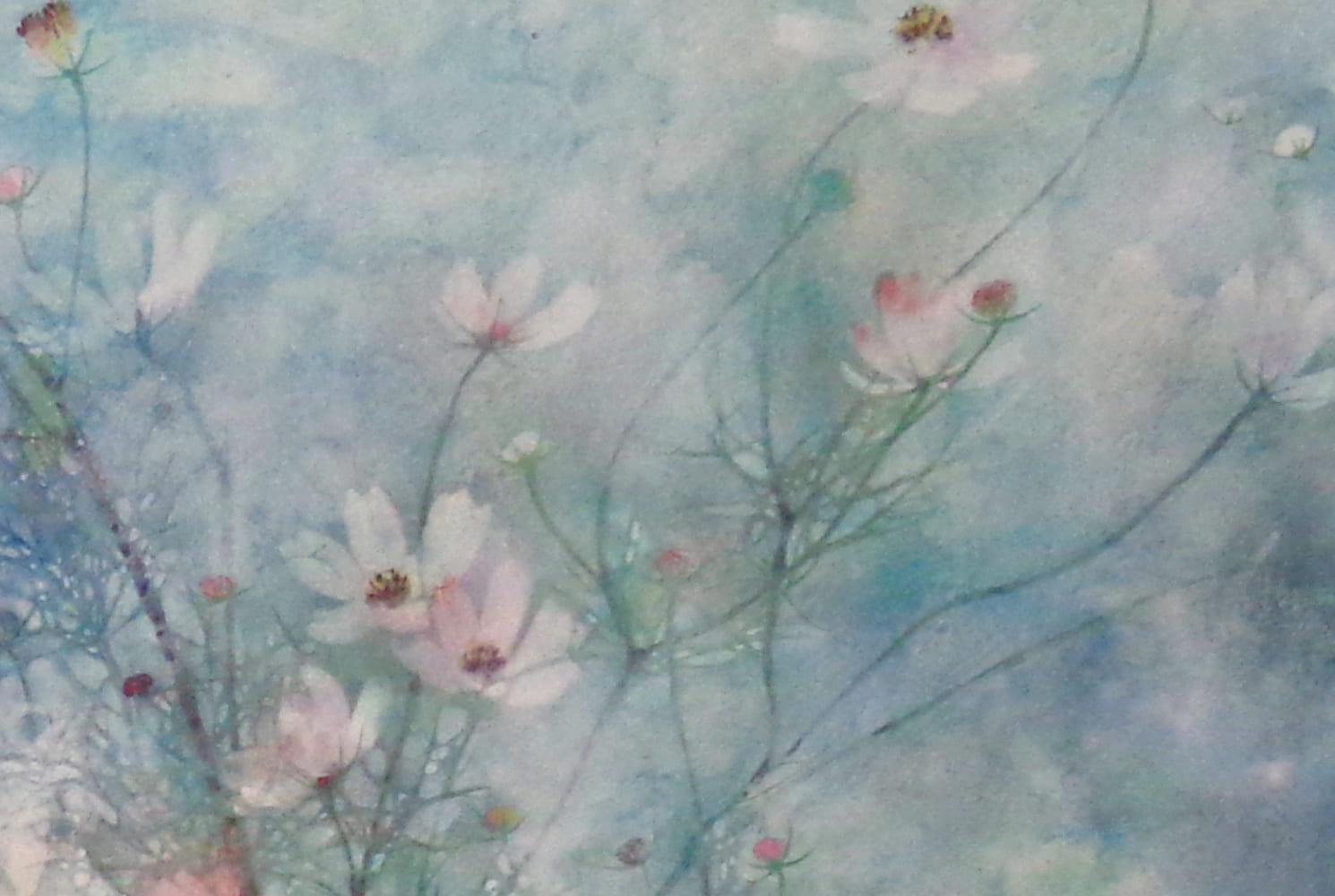 Hope von CHEN Yiching - Zeitgenössische Nihonga-Malerei, Kosmosblüten, blau im Angebot 1