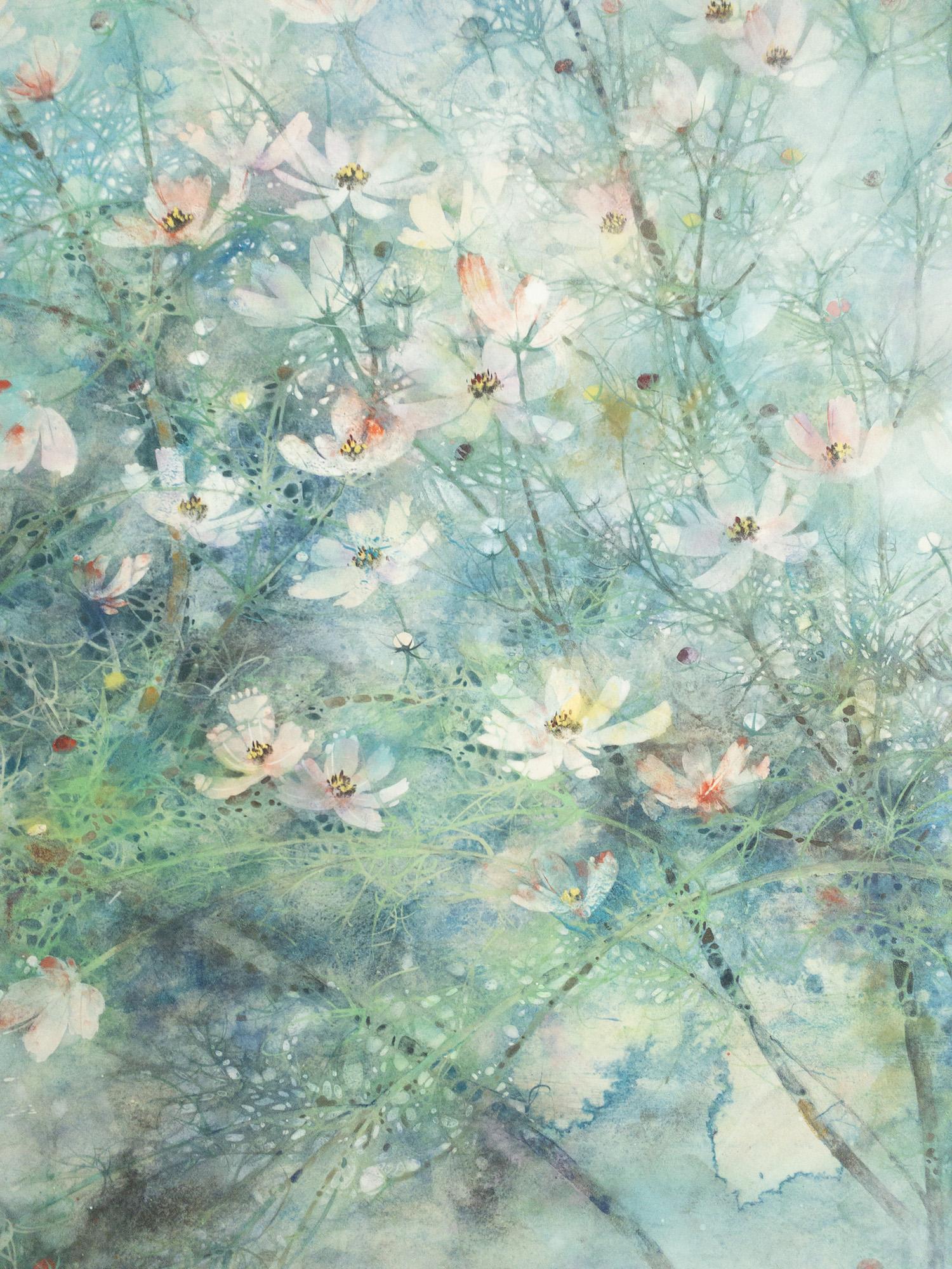 Hope by CHEN Yiching - Contemporary Nihonga painting, cosmos flowers, blue For Sale 3
