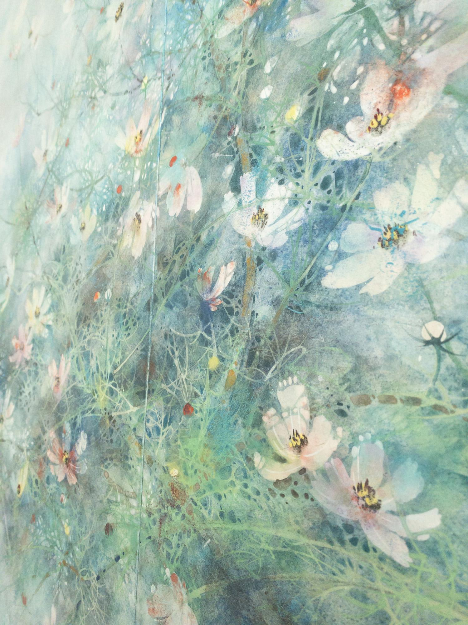 Hope by CHEN Yiching - Contemporary Nihonga painting, cosmos flowers, blue For Sale 6