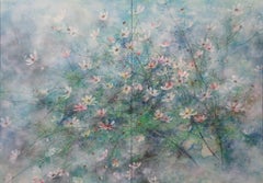 Hope by CHEN Yiching - Contemporary Nihonga painting, cosmos flowers, blue