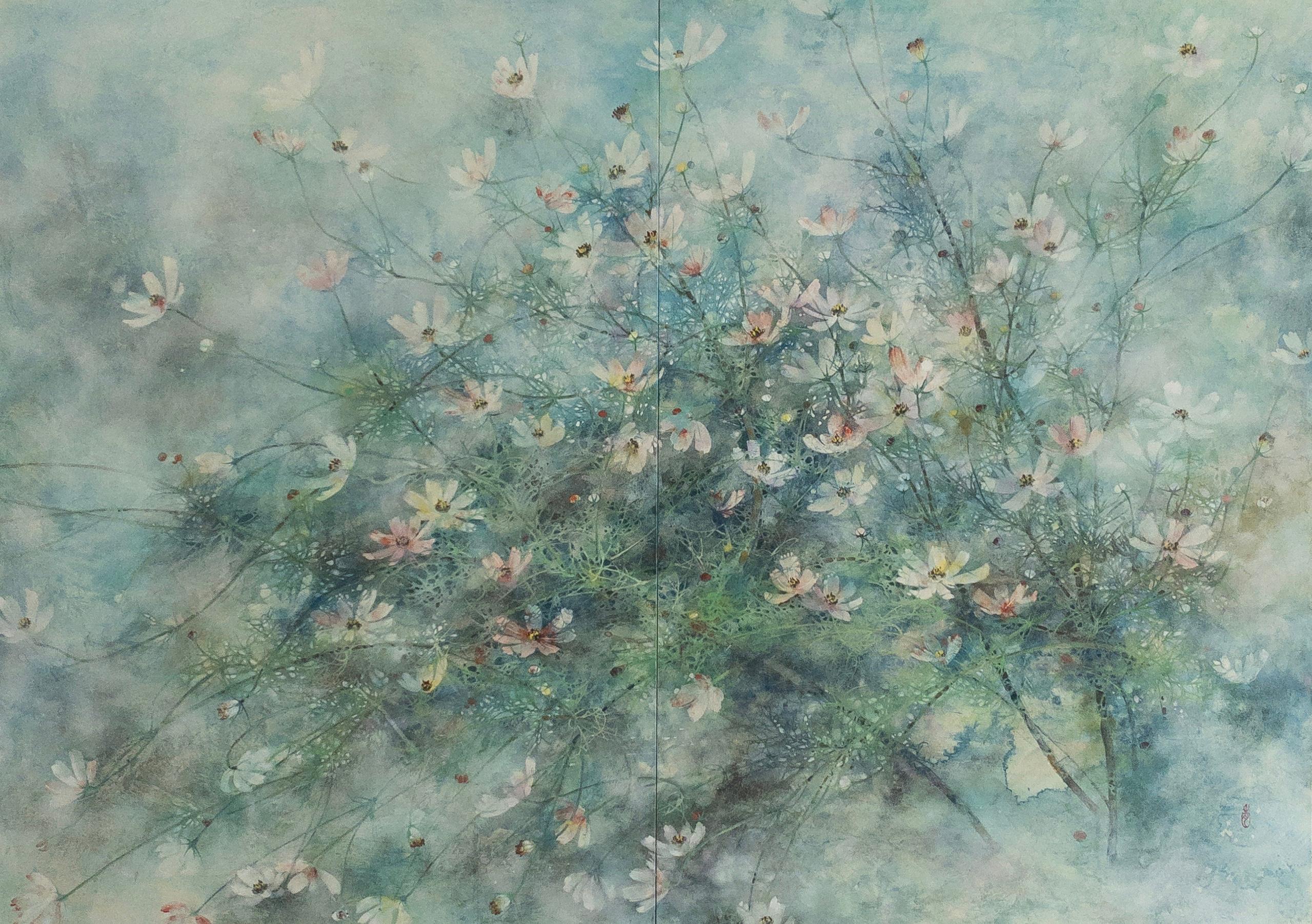 Hope by CHEN Yiching - Peinture contemporaine Nihonga, fleurs de cosmos, bleu
