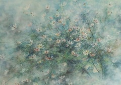 Hope by CHEN Yiching - Peinture contemporaine Nihonga, fleurs de cosmos, bleu