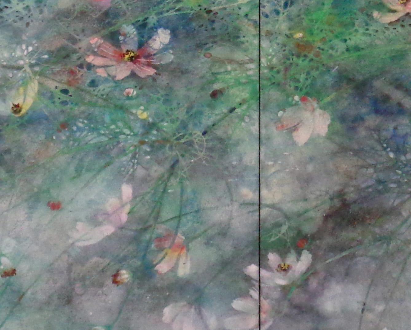 Hope (2020) is a painting by contemporary Taiwanese artist Yiching Chen. 
Earth and mineral pigments, Japanese paper mounted on wood, 100 x 140 cm.
This artwork is a diptych composed of two panels of 100 cm x 70 cm.  Artwork sold framed (white