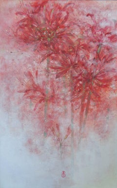 Manjushage by CHEN Yiching - Nihonga painting, flora, red and pink