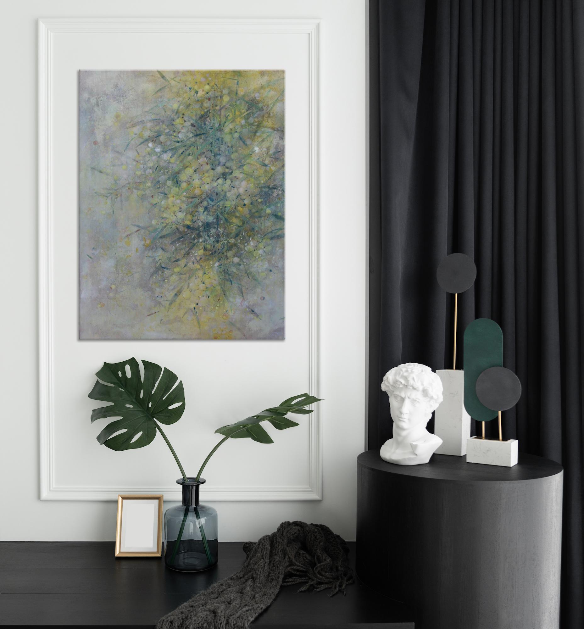 Mimosa is a unique painting by contemporary artist Chen Yiching. The painting is made with mineral pigments on Japanese paper mounted on wood, dimensions are 53 × 41 cm (20.9 × 16.1 in). 
The artwork is signed, sold framed (shadow box) and comes
