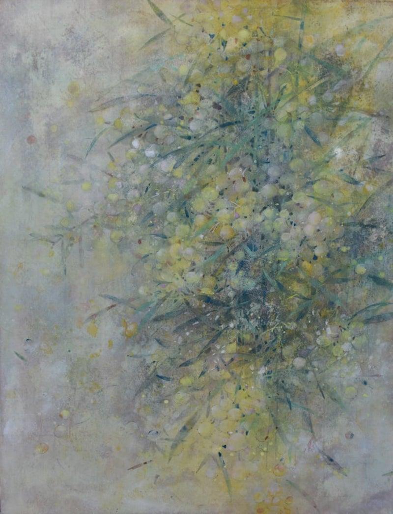 Mimosa by Chen Yiching - Contemporary nihonga painting, flowers, yellow, spring - Mixed Media Art by Yiching Chen