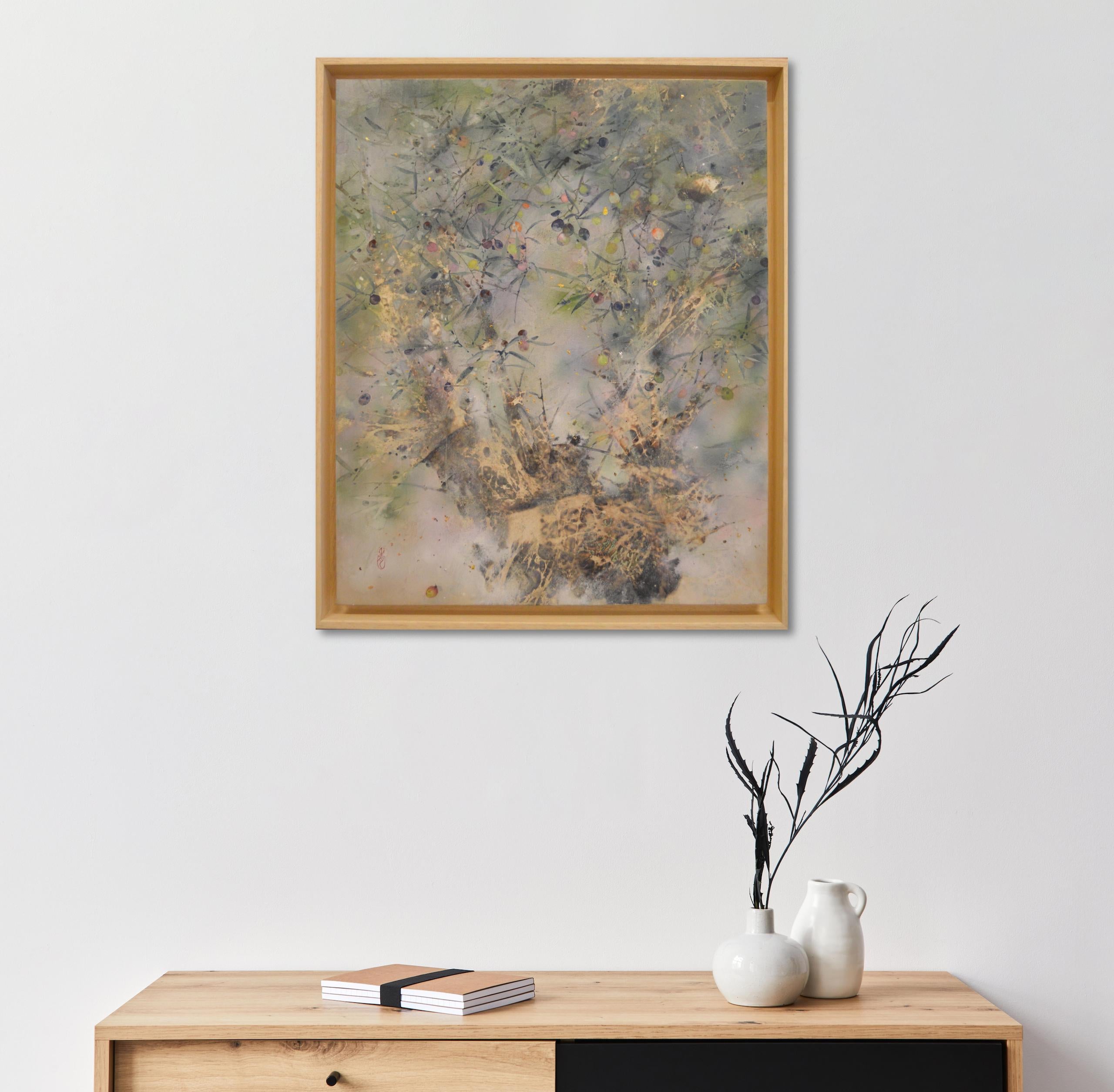 Sereno de Chen Yiching - Pintura nihonga contemporánea, flora, tonos claros, hoja - Painting Contemporáneo de Yiching Chen