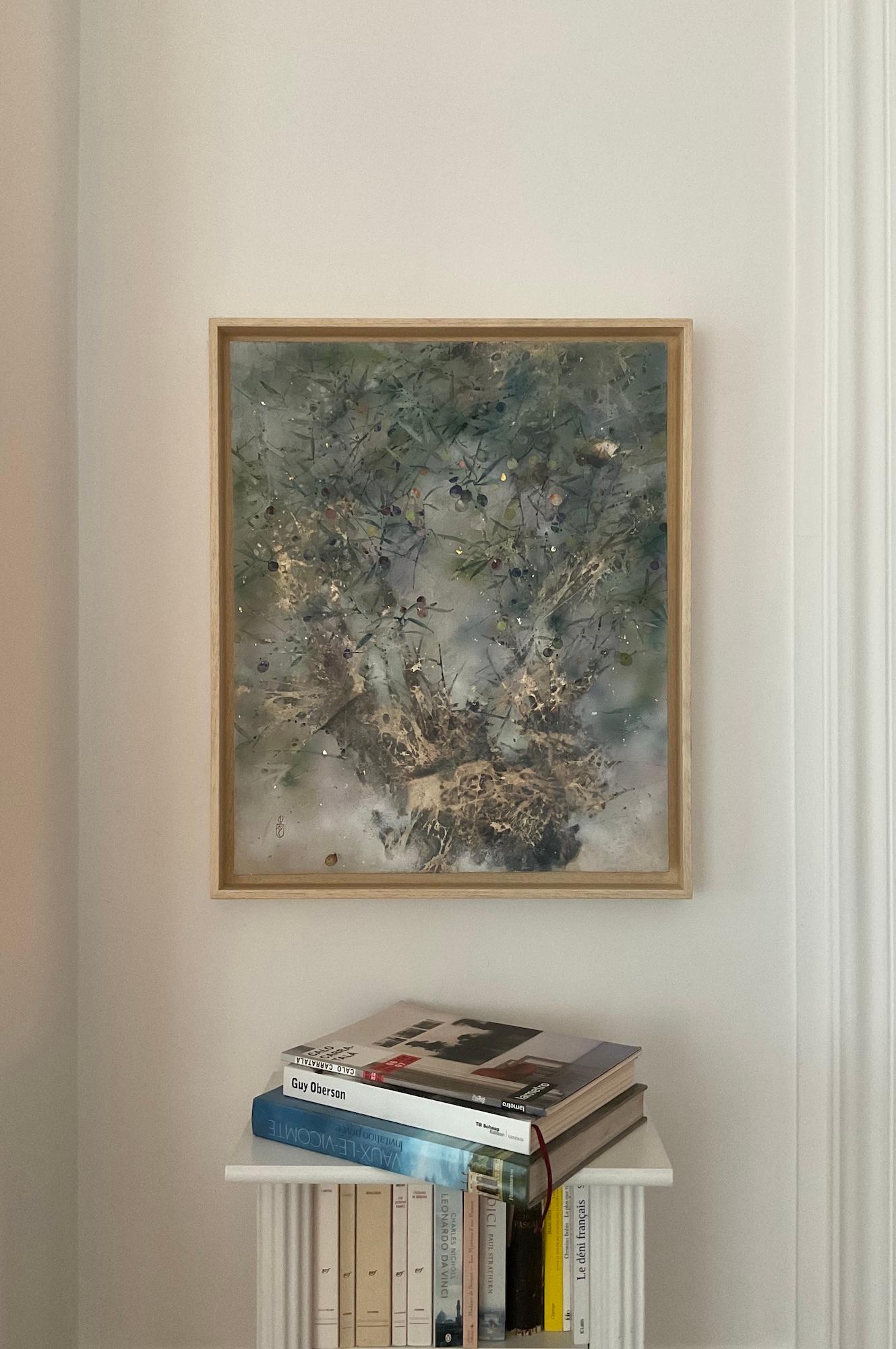 Sereno de Chen Yiching - Pintura nihonga contemporánea, flora, tonos claros, hoja - Painting de Yiching Chen