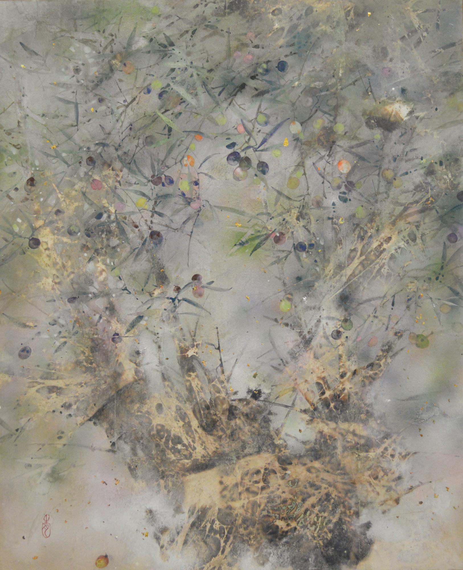 Sereno de Chen Yiching - Pintura nihonga contemporánea, flora, tonos claros, hoja - Figurative Painting Plata de Yiching Chen