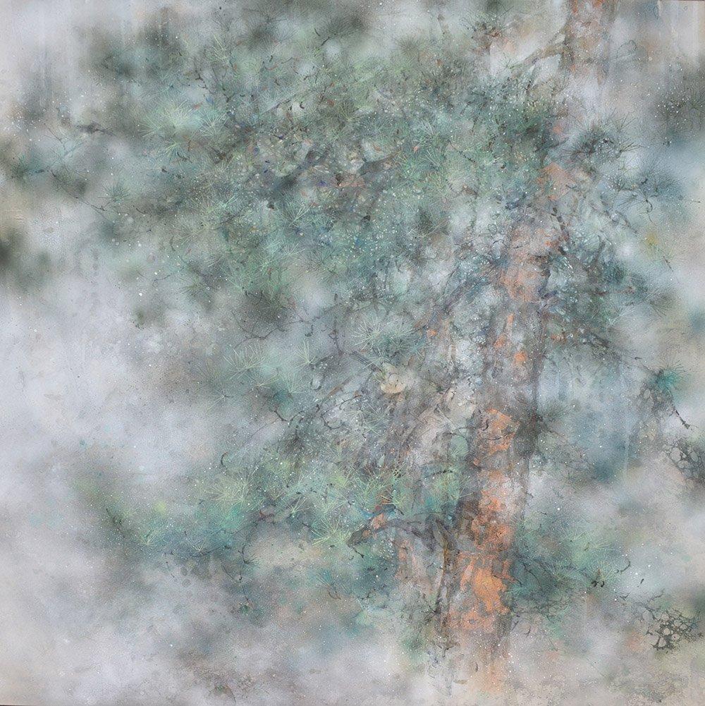 Yiching Chen Figurative Painting - Shelter by Chen Yiching - Contemporary nihonga, pine tree, green tones, pigments