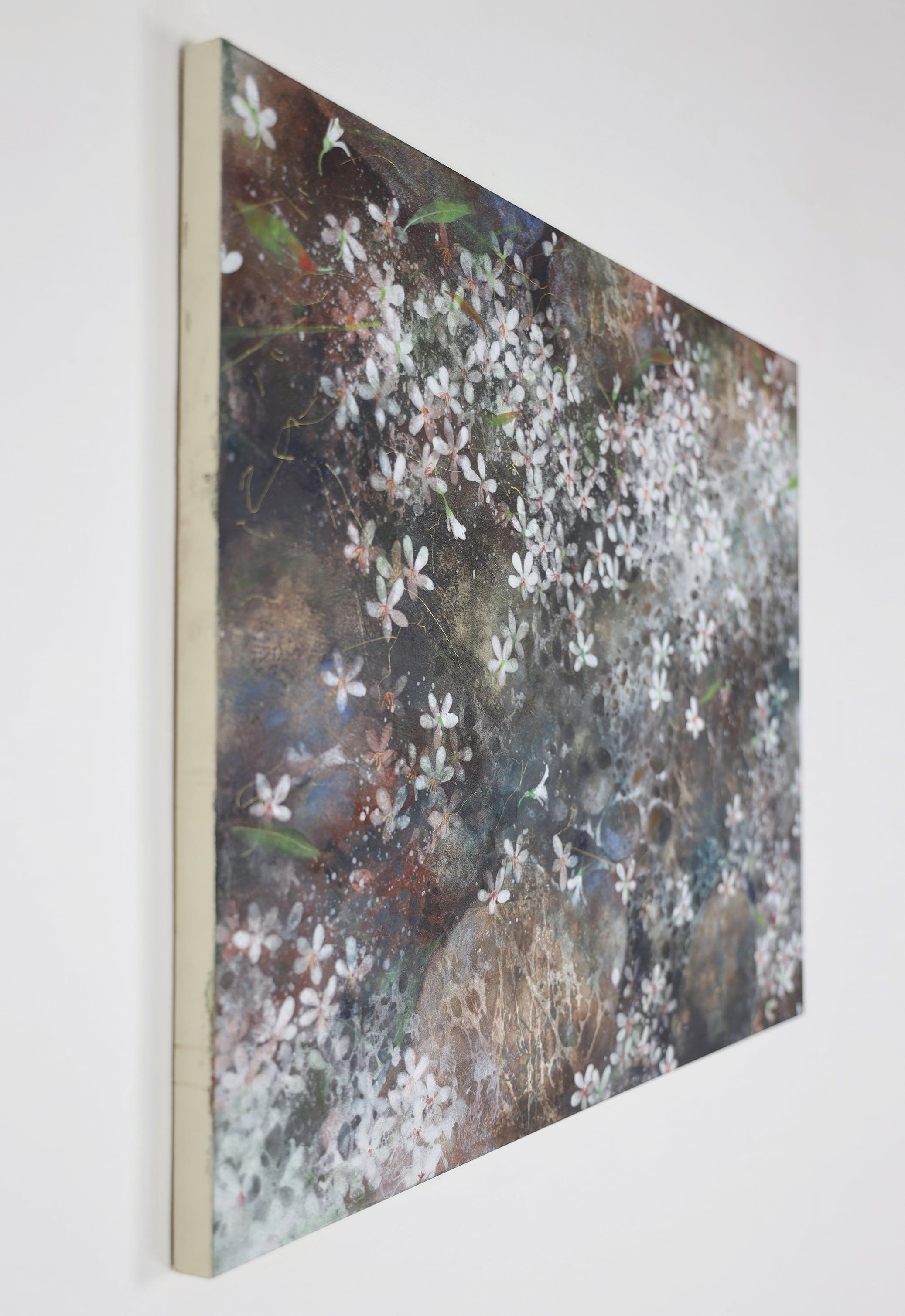 Snow of May II (2016) is a painting by contemporary Taiwanese artist Yiching Chen. 
Mineral pigments and silver leaves on japanese paper mounted on wood. 50 cm × 70 cm. Sold unframed.
As a specialist of Nihonga (traditional Japanese painting), the