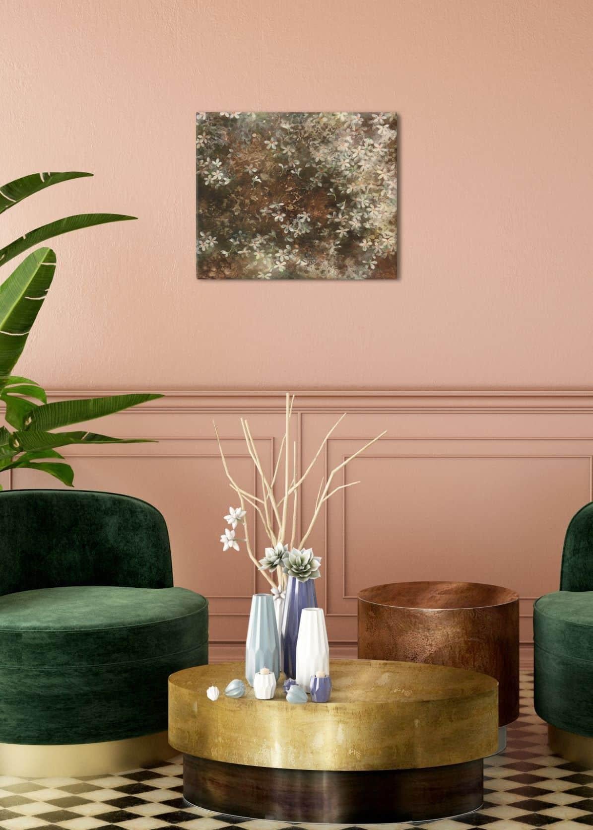 Snow of May III by Chen Yiching - nihonga painting, flowers, earth colors (Braun), Figurative Painting, von Yiching Chen