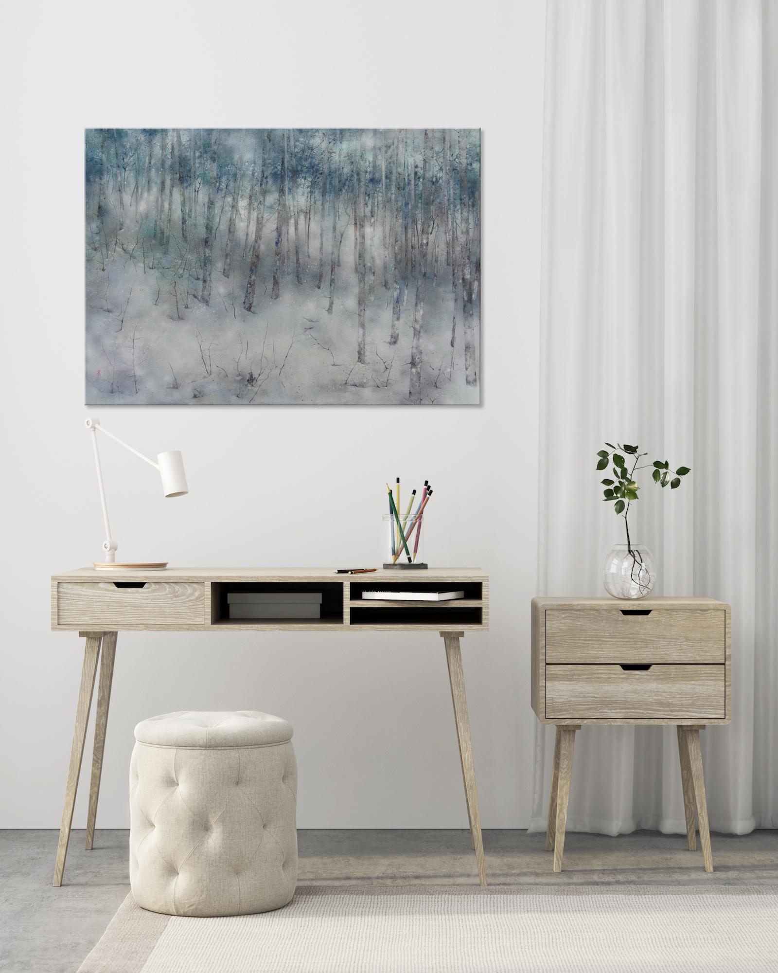 Solitude is a unique painting by contemporary artist Chen Yiching. The painting is made with mineral pigments and silver leaf on Japanese paper mounted on wood, dimensions are 70 × 100 cm (27.6 × 39.4 in). Dimensions of the framed artwork (white