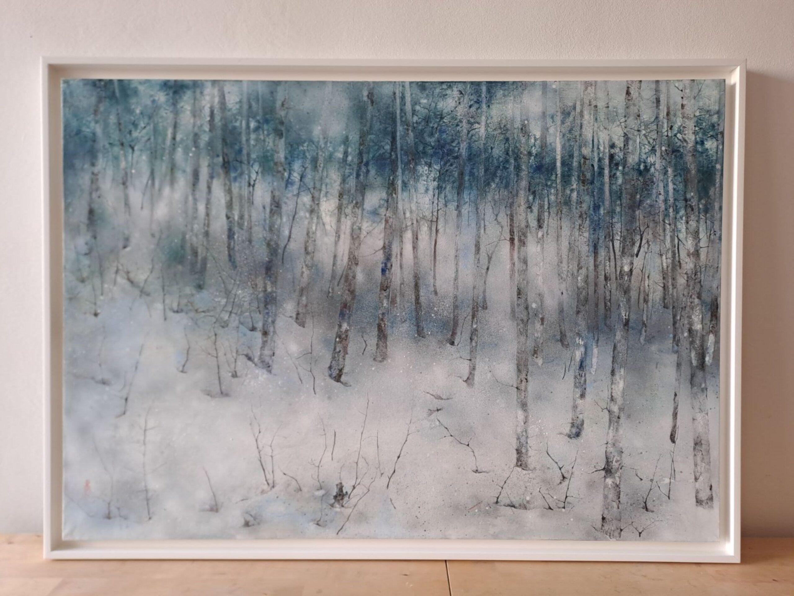 Solitude is a unique painting by contemporary artist Yiching Chen. The painting is made with mineral pigments and silver leaf on Japanese paper mounted on wood, dimensions are 70 × 100 cm (27.6 × 39.4 in). Dimensions of the framed artwork (white