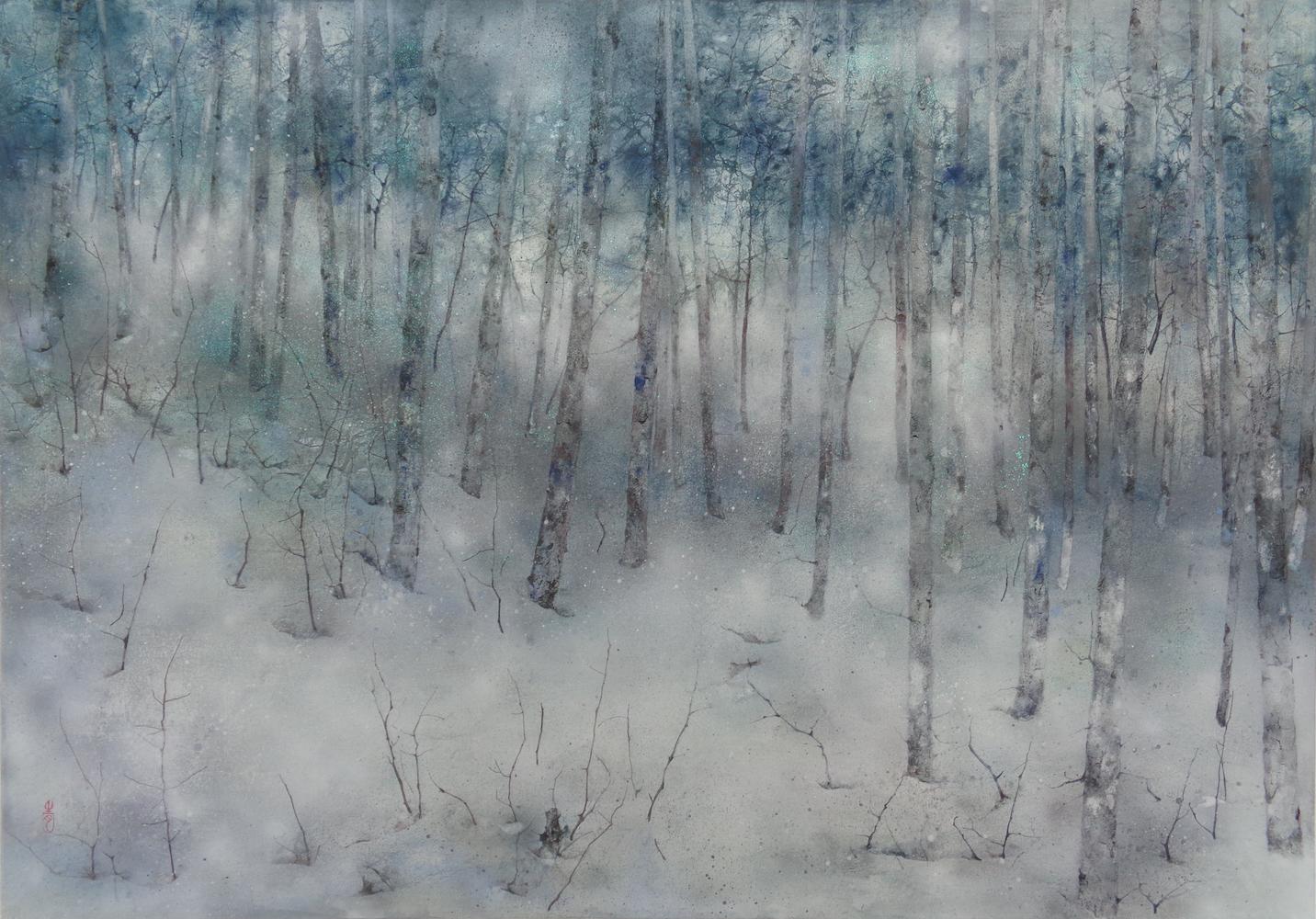 Solitude par Chen Yiching - Peinture nihonga contemporaine, forêt, arbres verts