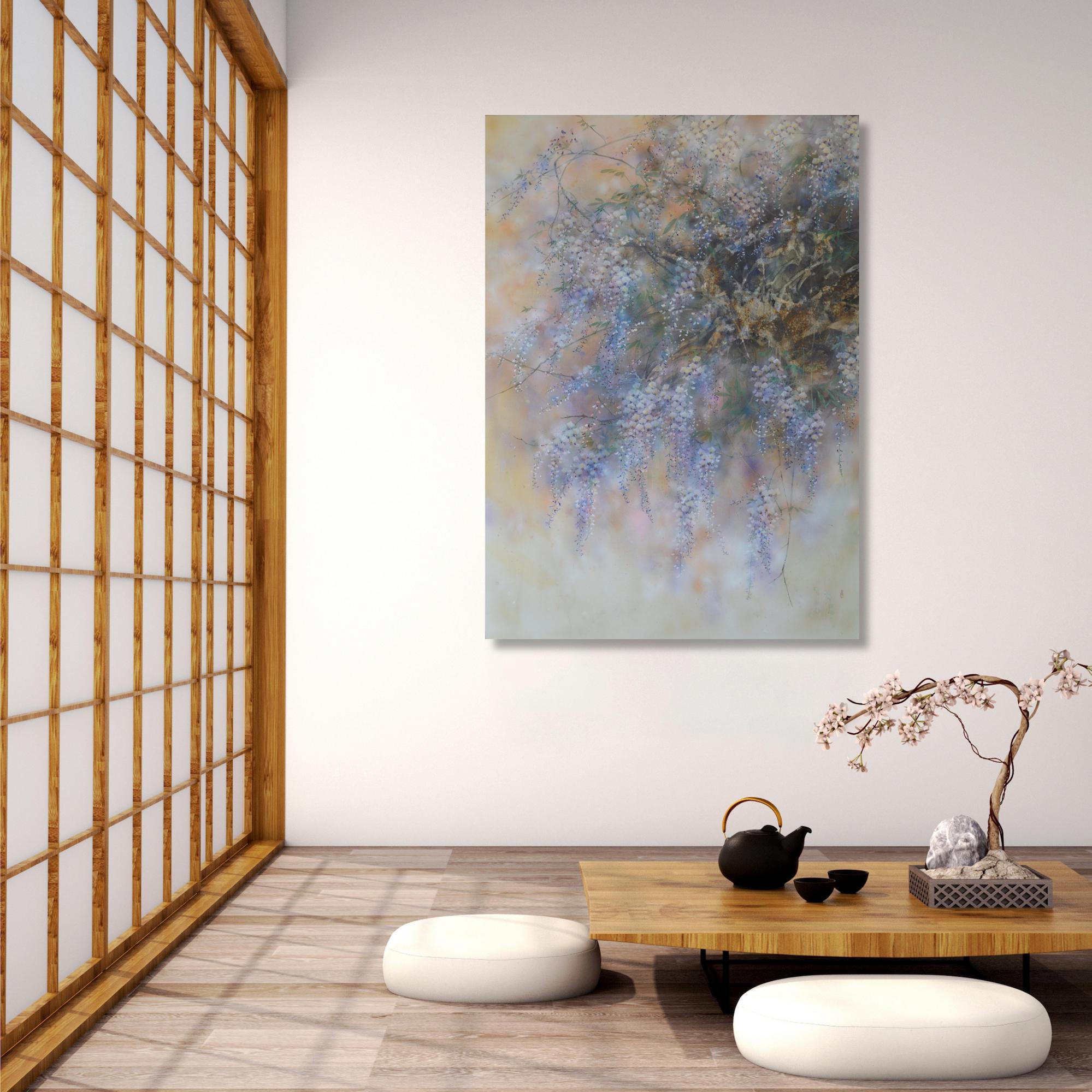 Pluie de printemps par Chen Yiching - Peinture nihonga contemporaine, fleurs, glycine - Contemporain Mixed Media Art par Yiching Chen