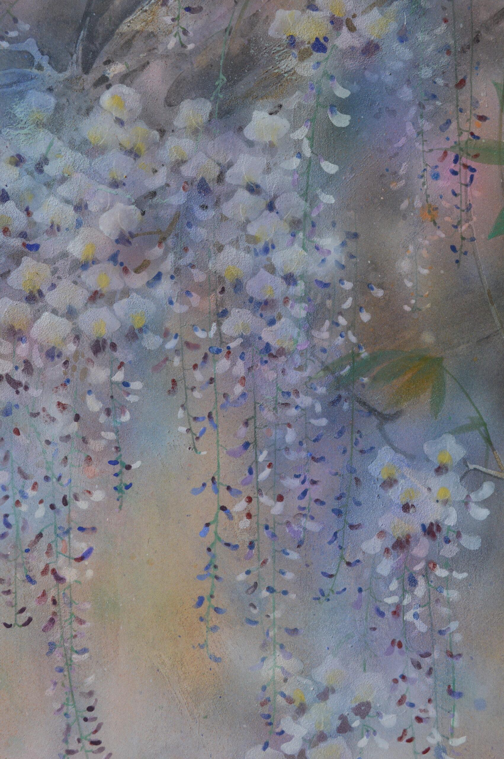 Pluie de printemps par Chen Yiching - Peinture nihonga contemporaine, fleurs, glycine en vente 5