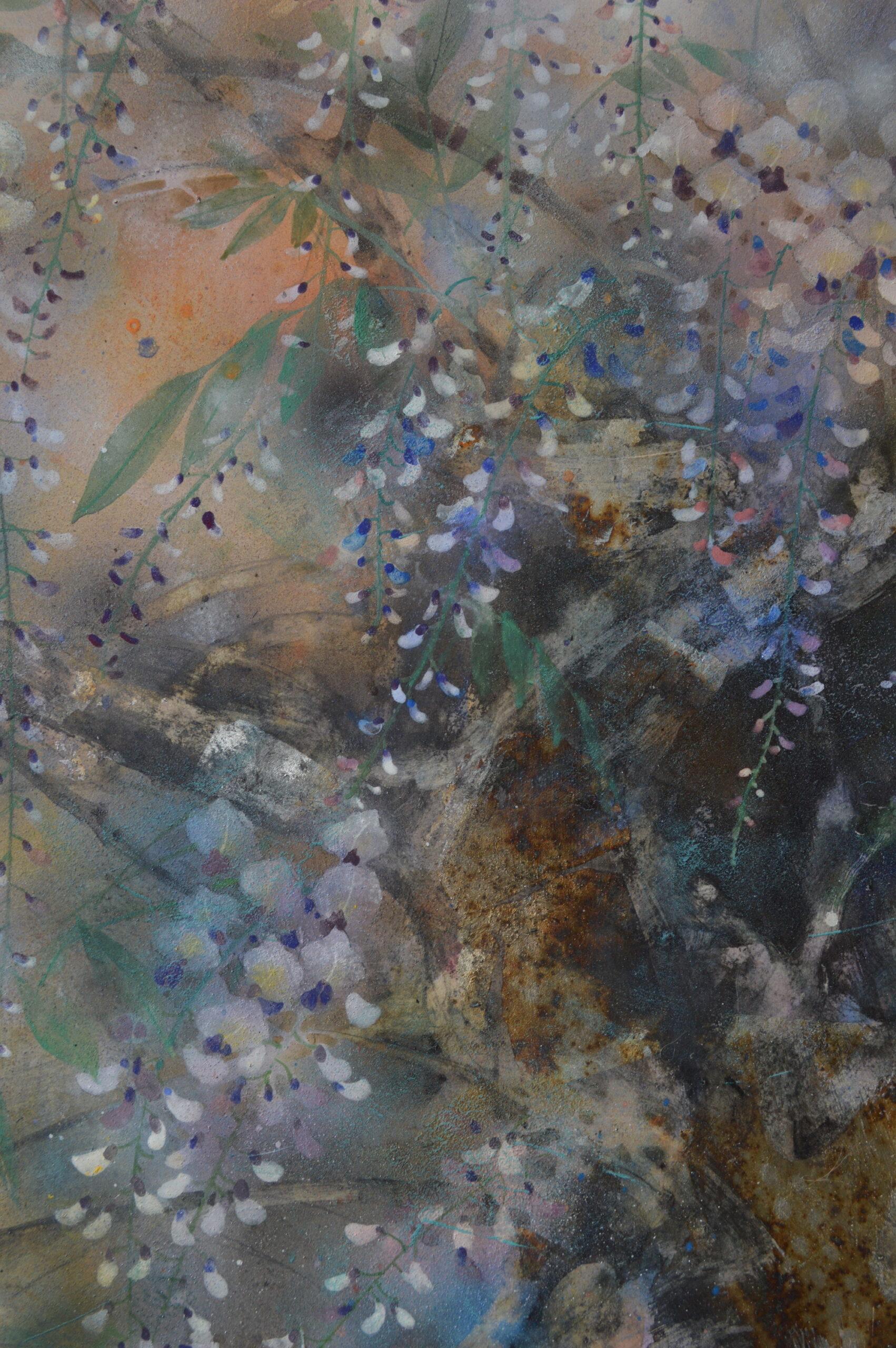 Pluie de printemps par Chen Yiching - Peinture nihonga contemporaine, fleurs, glycine en vente 6