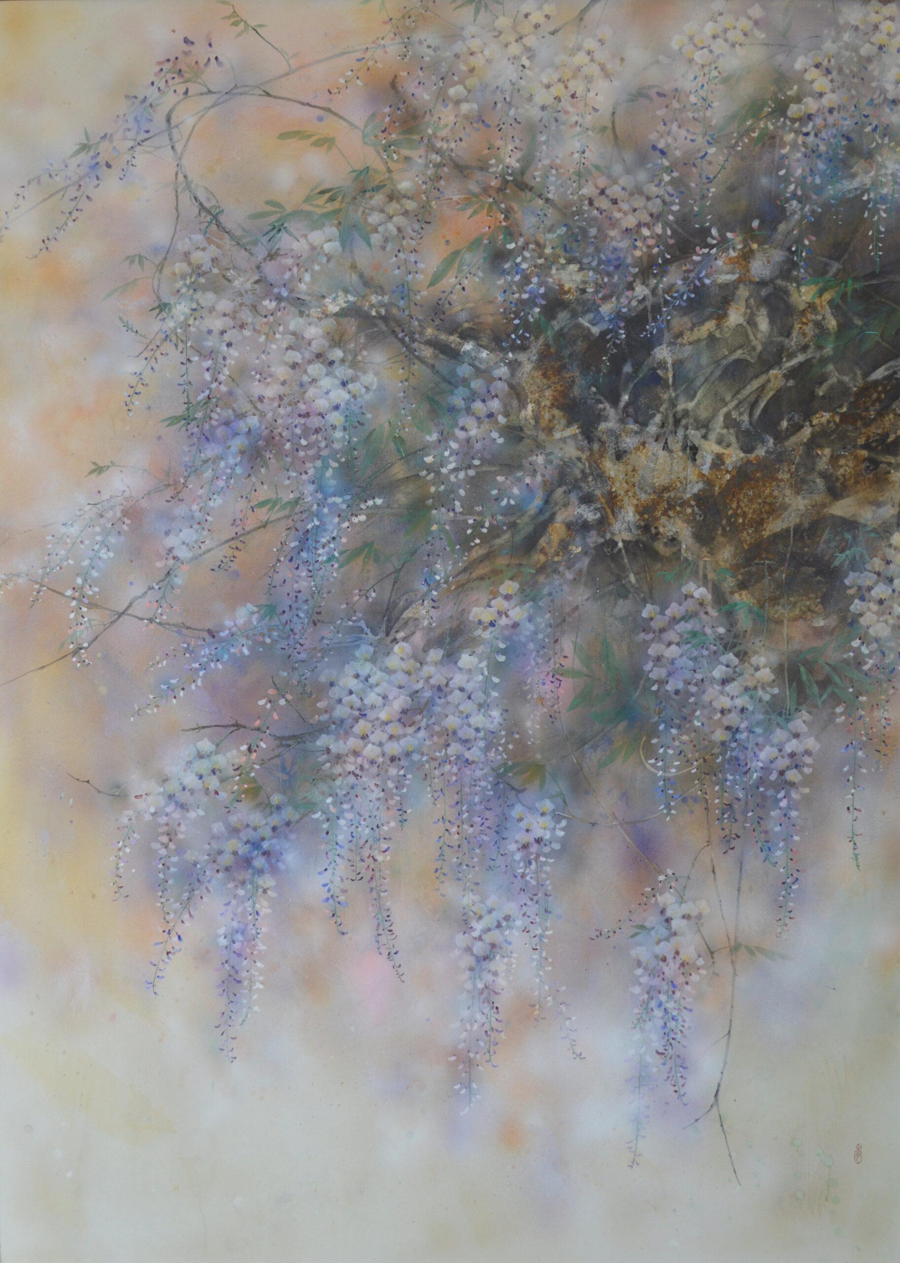 Spring Rain by Chen Yiching - Contemporary nihonga painting, flowers, wisteria - Mixed Media Art by Yiching Chen